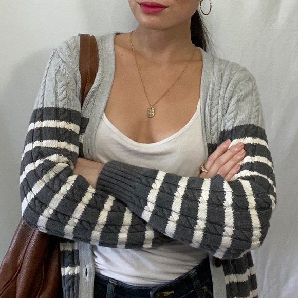 Tommy Hilfiger gray and white stripe sweater Large - Picture 2 of 8